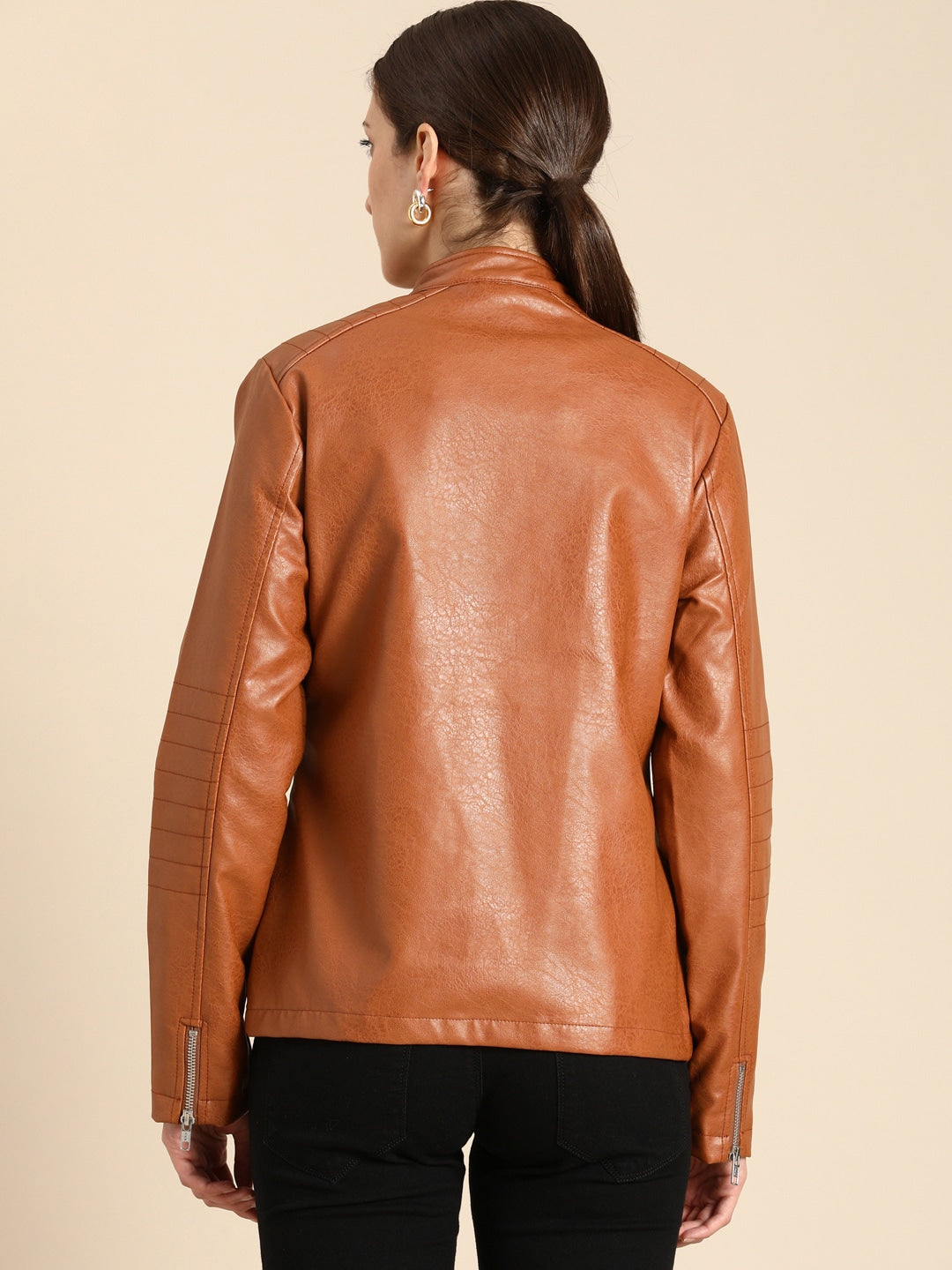 Women Rust Brown Textured Biker Jacket | QAWACH