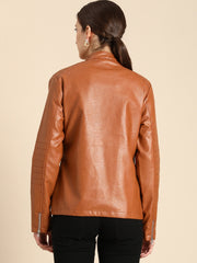 Women Rust Brown Textured Biker Jacket | QAWACH