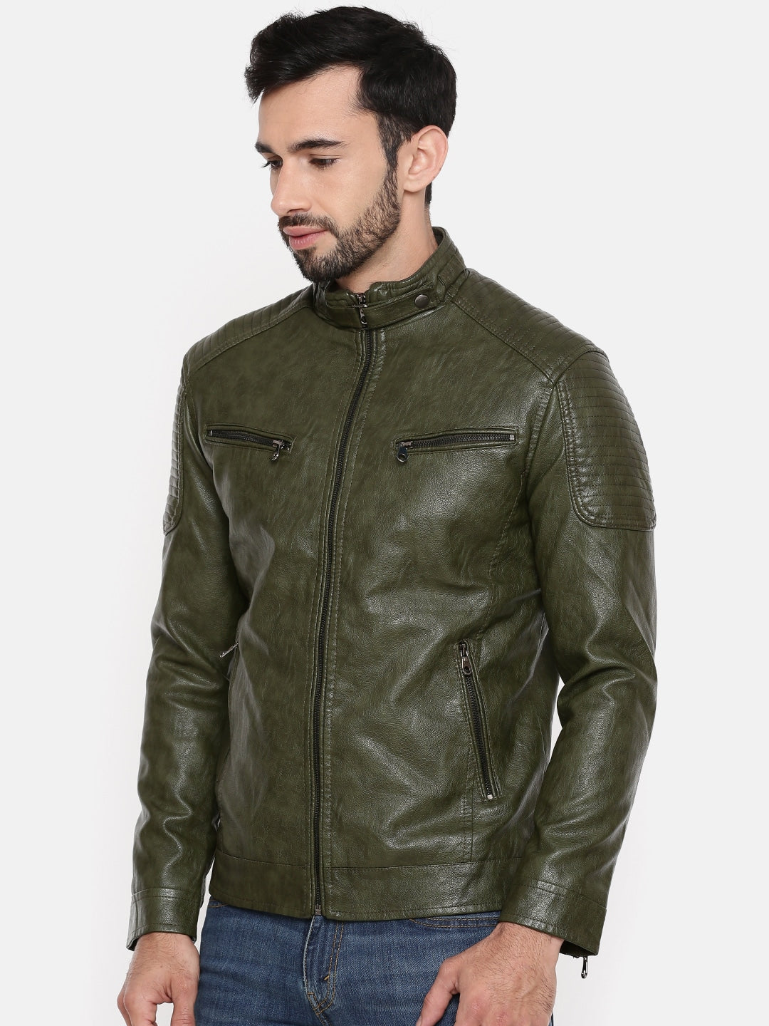 Men Olive Green Solid Biker Jacket | QAWACH