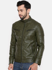 Men Olive Green Solid Biker Jacket | QAWACH