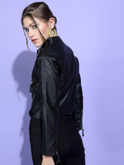 Women Black Leather Crop Biker Jacket - Qawach Leather