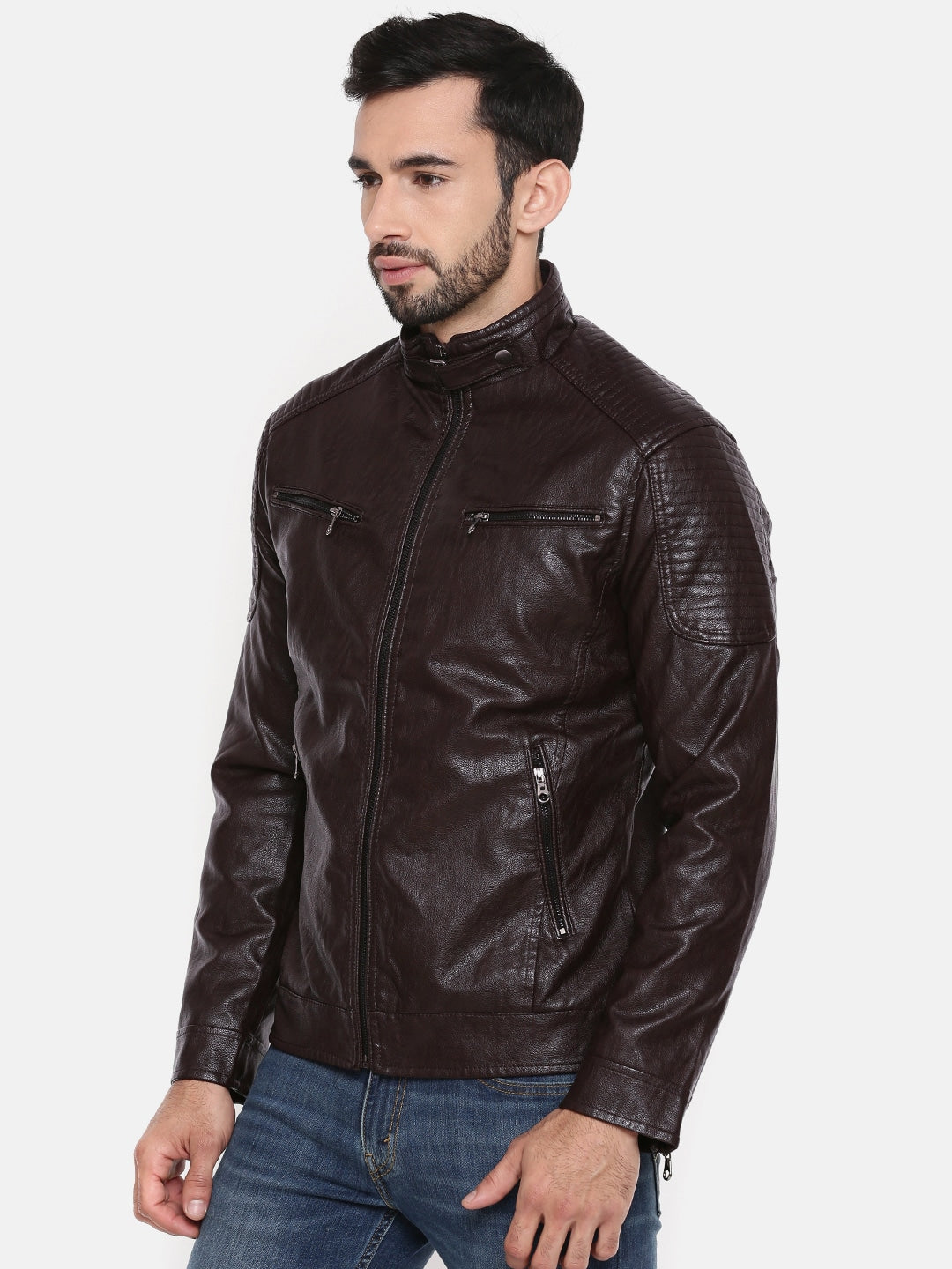 Men Solid Black Biker Leather Jacket | QAWACH
