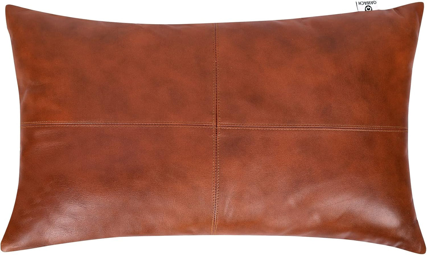 Qawach Classic Tan Antique Plain Genuine Leather Rectangle Pillow Cover