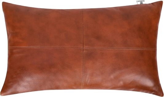 Qawach Classic Tan Crunch Box Genuine Leather Rectangle Pillow Cover