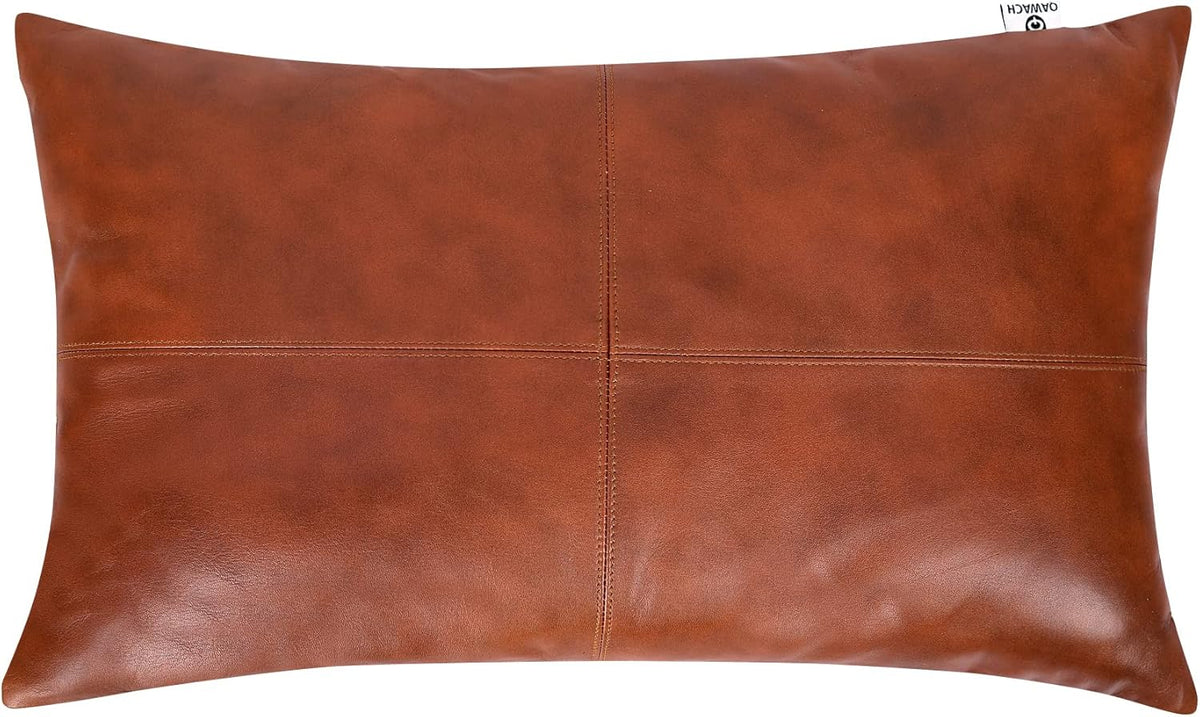 Qawach Classic Tan Antique Plain Genuine Leather Rectangle Pillow Cover