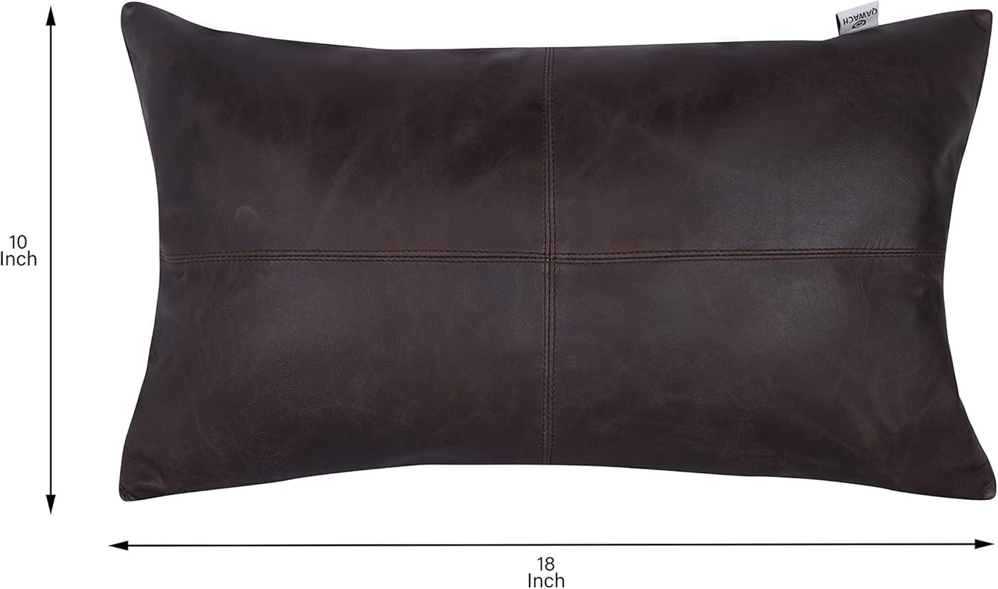 Qawach Brown Crunch Plain Genuine Leather Rectangle Pillow Cover
