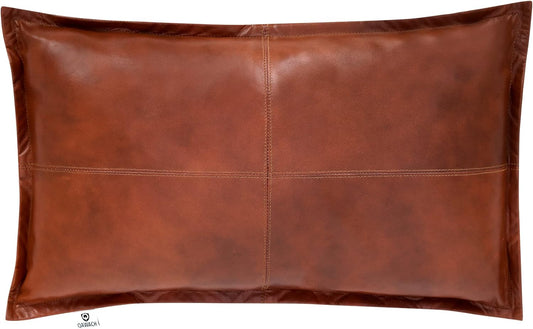 Qawach Classic Tan Antique Box Genuine Leather Rectangle Pillow Cover
