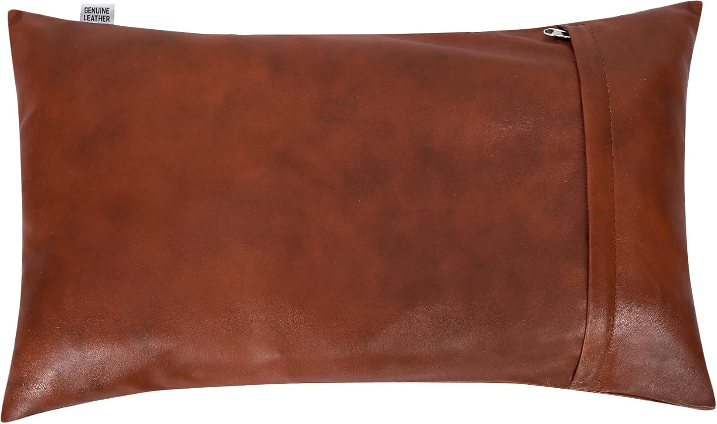 Qawach Classic Tan Antique Plain Genuine Leather Rectangle Pillow Cover