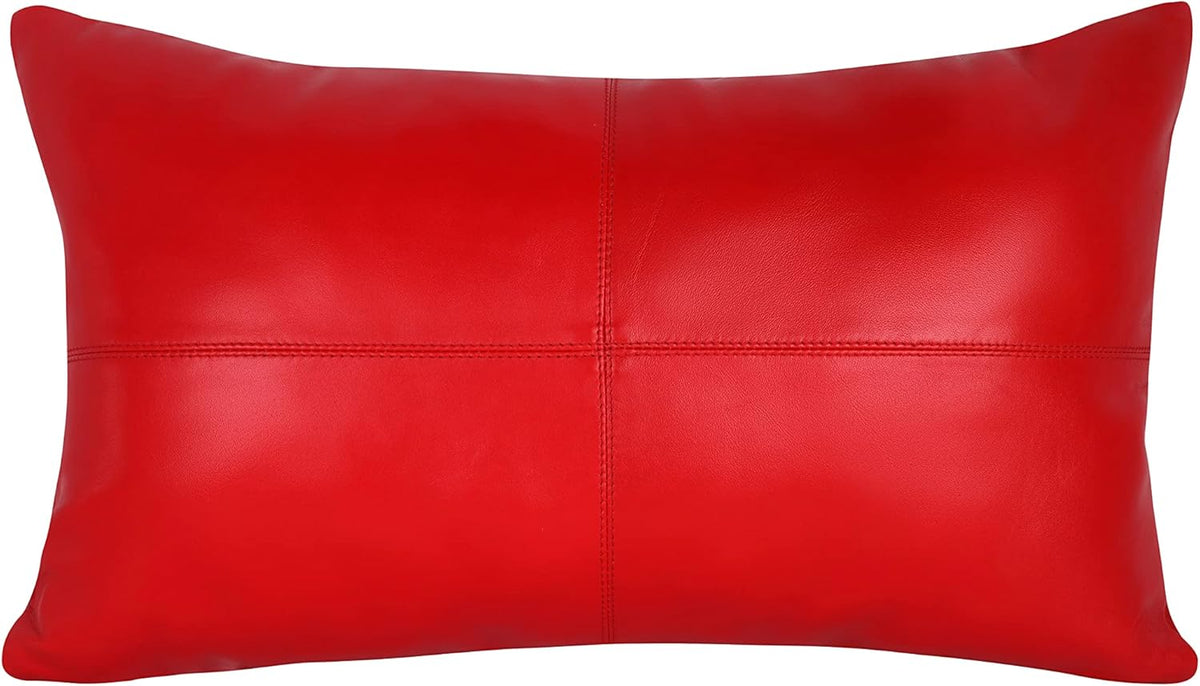 Qawach Classic Red Plain Genuine Leather Rectangle Pillow Cover