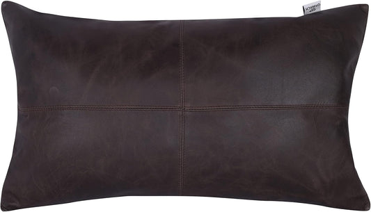 Qawach Brown Crunch Plain Genuine Leather Rectangle Pillow Cover