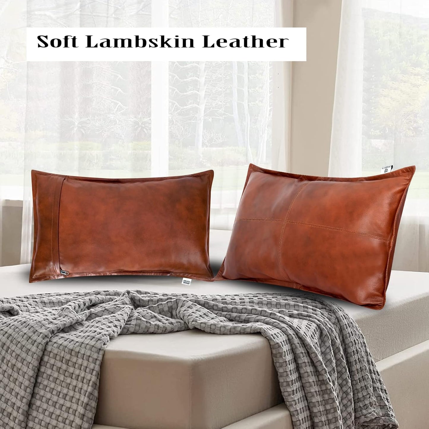 Qawach Classic Tan Antique Box Genuine Leather Rectangle Pillow Cover