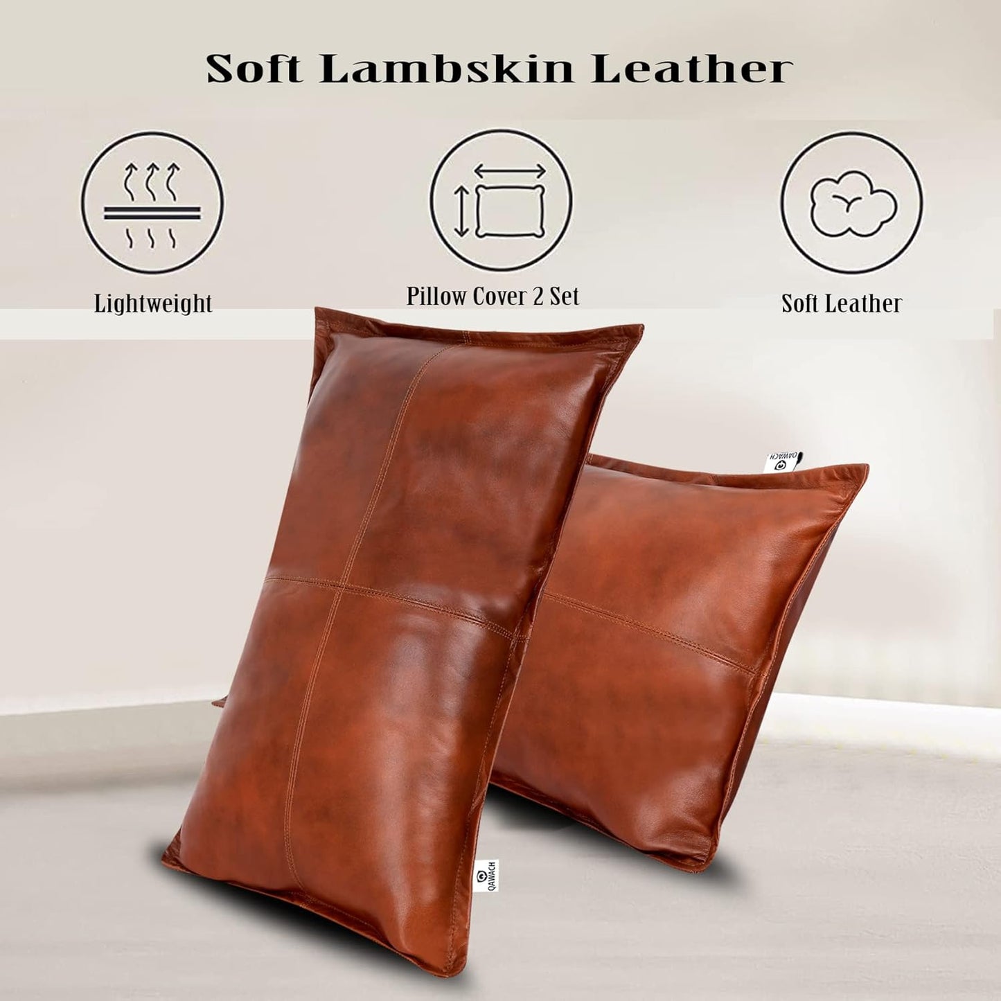 Qawach Classic Tan Antique Box Genuine Leather Rectangle Pillow Cover