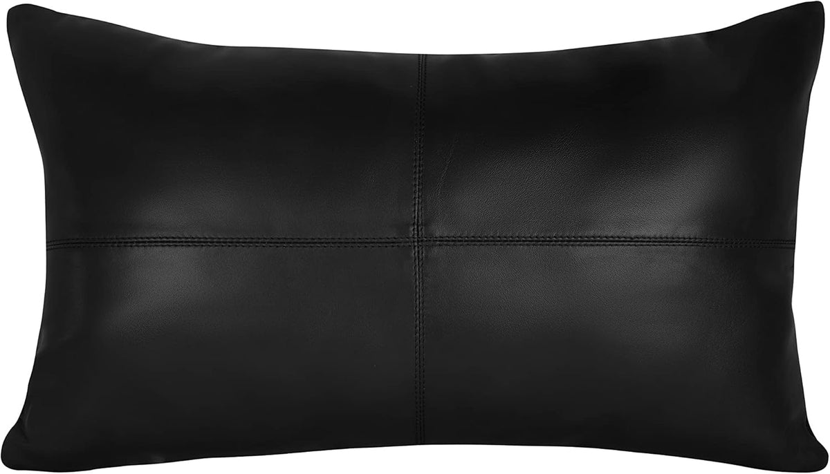 Qawach Classic Black Plain Genuine Leather Rectangle Pillow Cover