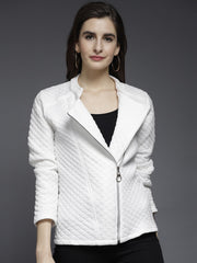 Stand Collar Self Design Fleece Biker Jacket | QAWACH