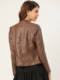 Women Brown Solid Lightweight Leather Jacket | QAWACH