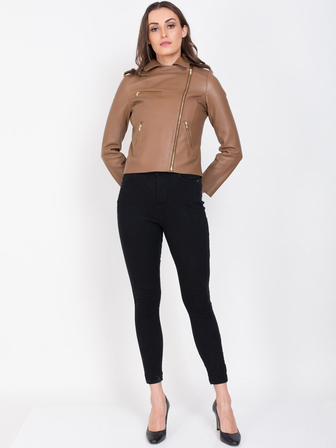 Women Tan Lightweight Crop Outdoor Leather Jacket | QAWACH