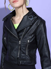 Women Black Leather Crop Biker Jacket - Qawach Leather