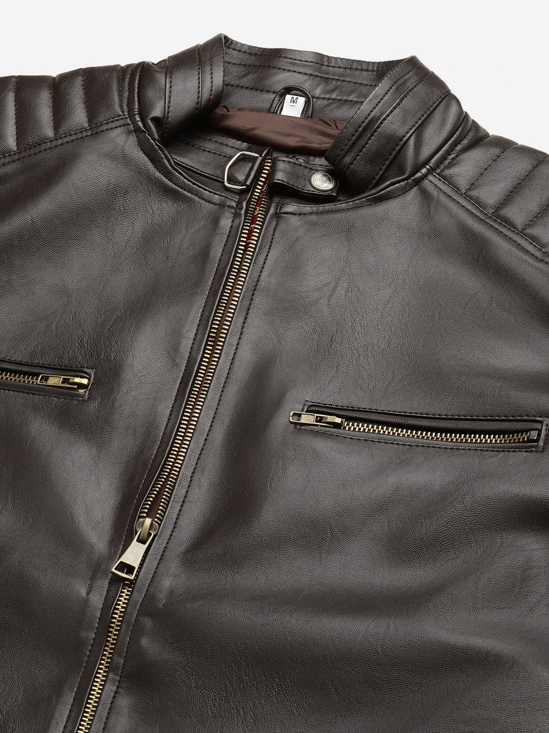 Men Coffee Brown Solid Leather Jacket | QAWACH