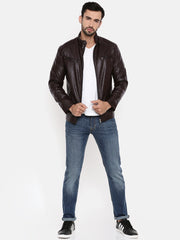 Men Solid Black Biker Leather Jacket | QAWACH