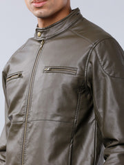 Shop Men Olive Green Solid Leather Biker Jacket | QAWACH