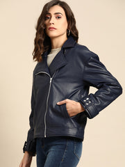 Women Navy Blue Solid Biker Jacket | QAWACH