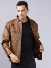 Men Brown Solid Biker Jacket Online | QAWACH