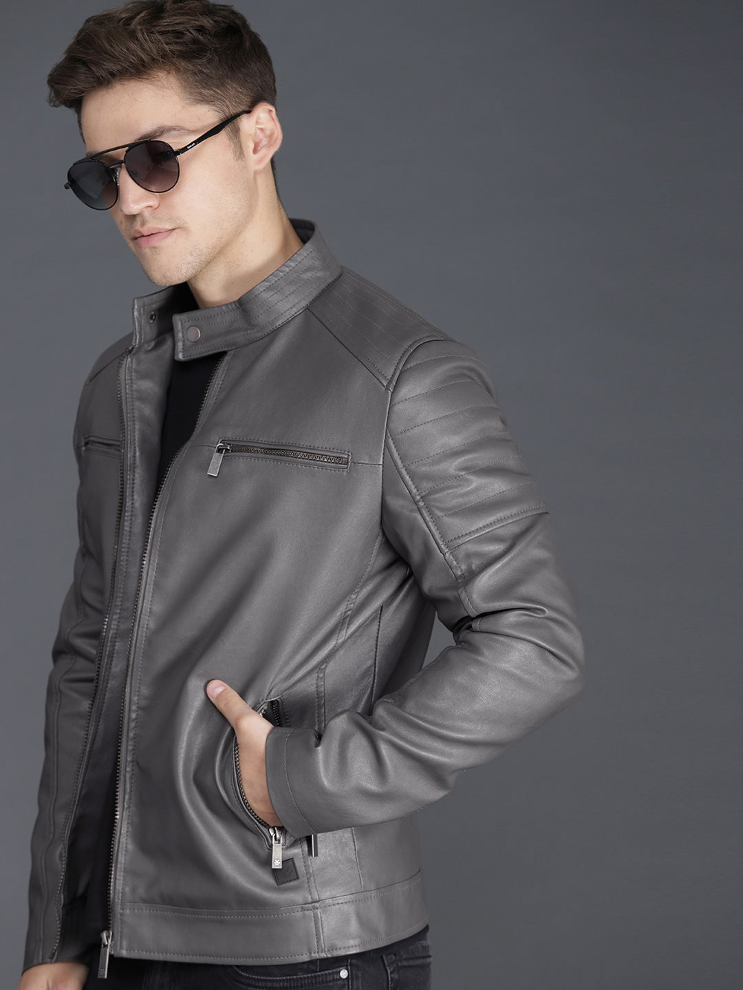 Men Olive Green Solid Biker Jacket | QAWACH
