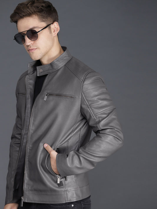 Men Olive Green Solid Biker Jacket | QAWACH