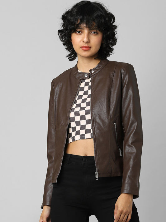 Women Brown Crop Leather Jacket | QAWACH
