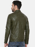 Men Olive Green Solid Biker Jacket | QAWACH