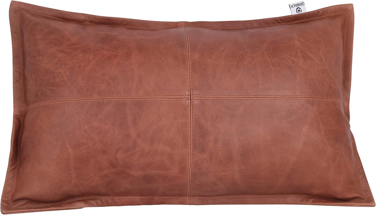 Qawach Classic Tan Crunch Box Genuine Leather Rectangle Pillow Cover