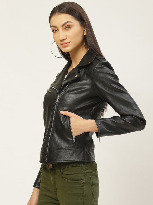 Women Black Solid Lightweight Biker Jacket | QAWACH