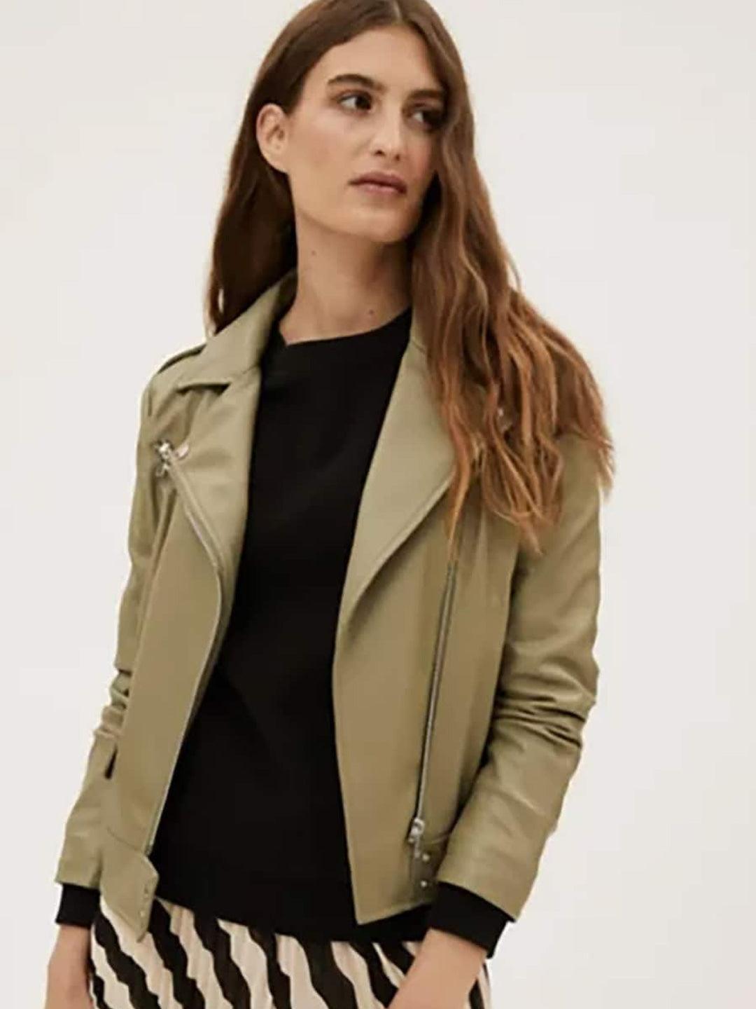 Women Khaki Leather Crop Biker Jacket - Qawach Leather