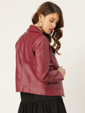 Women Maroon Solid Lightweight Leather Jacket | QAWACH