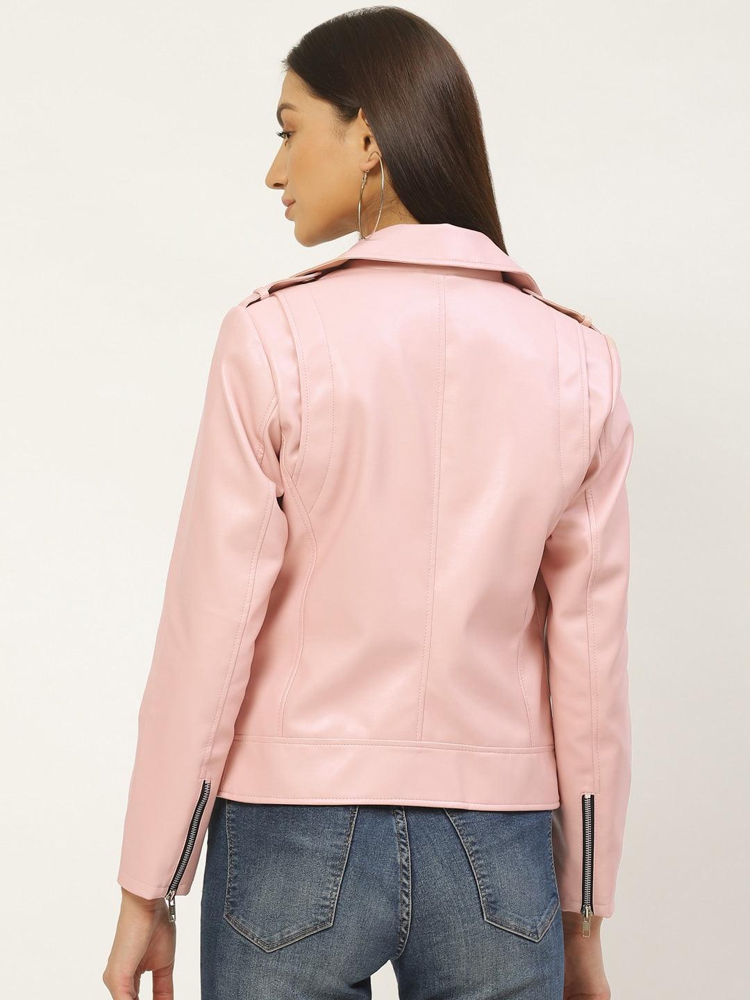 Women Pink Solid Lightweight Biker Jacket - Qawach Leather