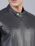 Men Charcoal Grey Solid Leather Biker Jacket | QAWACH