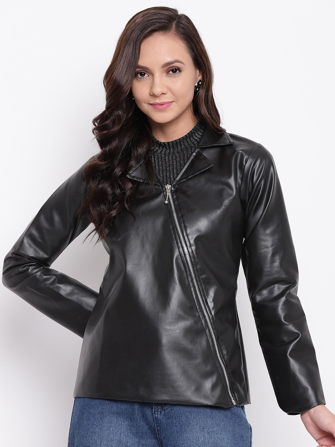 Women Black Solid Leather Jacket | QAWACH