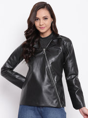 Women Black Solid Leather Jacket | QAWACH
