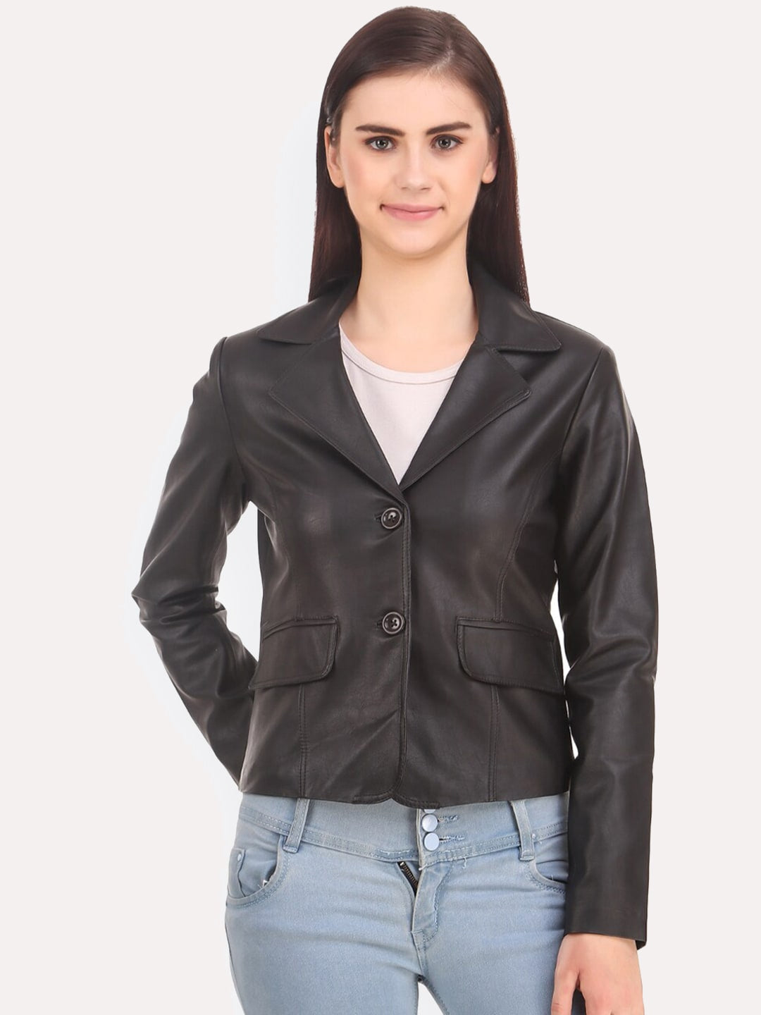 Women Black Crop Outdoor Leather Jacket | QAWACH