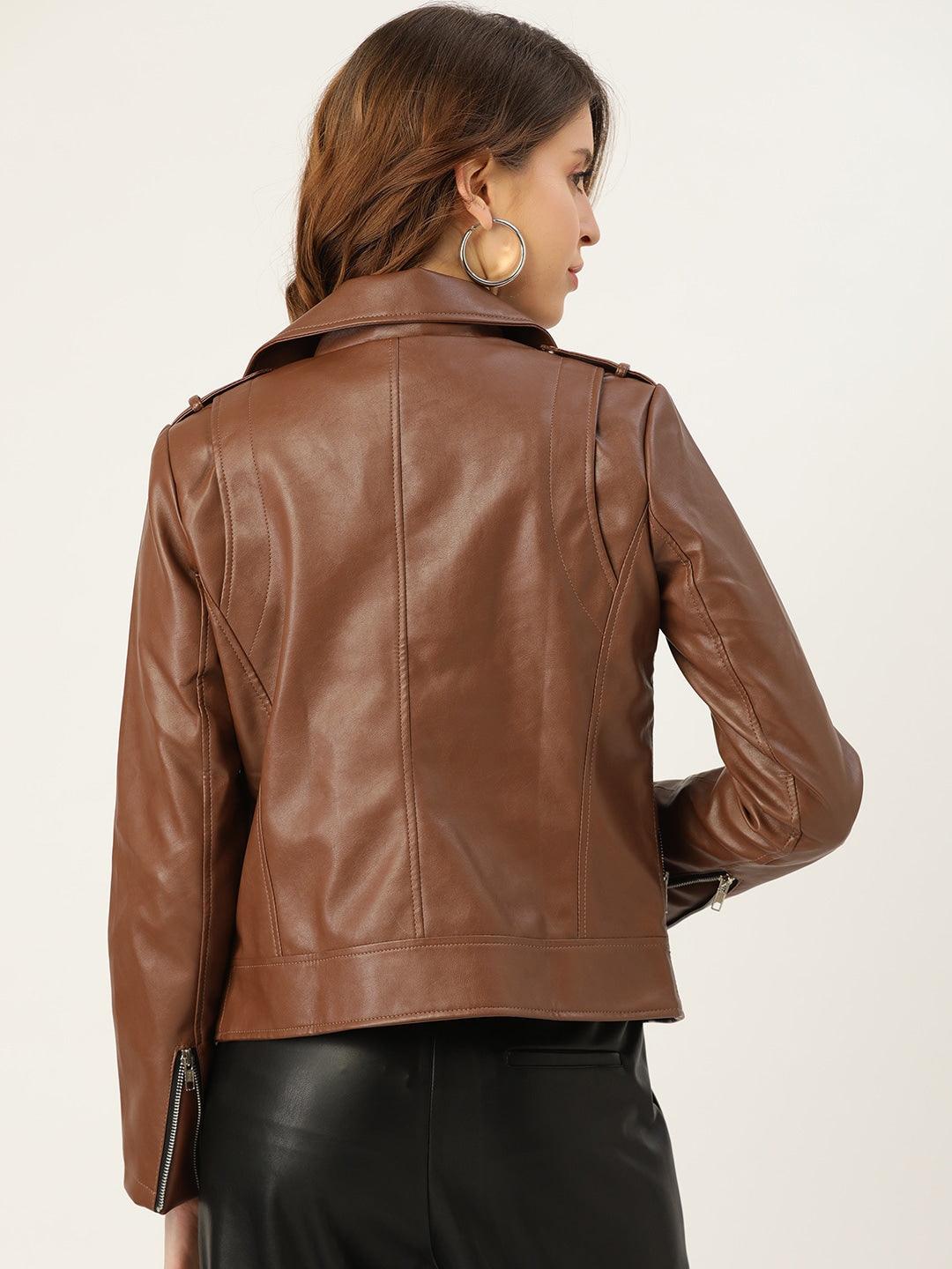 Women Brown Solid Lightweight Biker Jacket - Qawach Leather