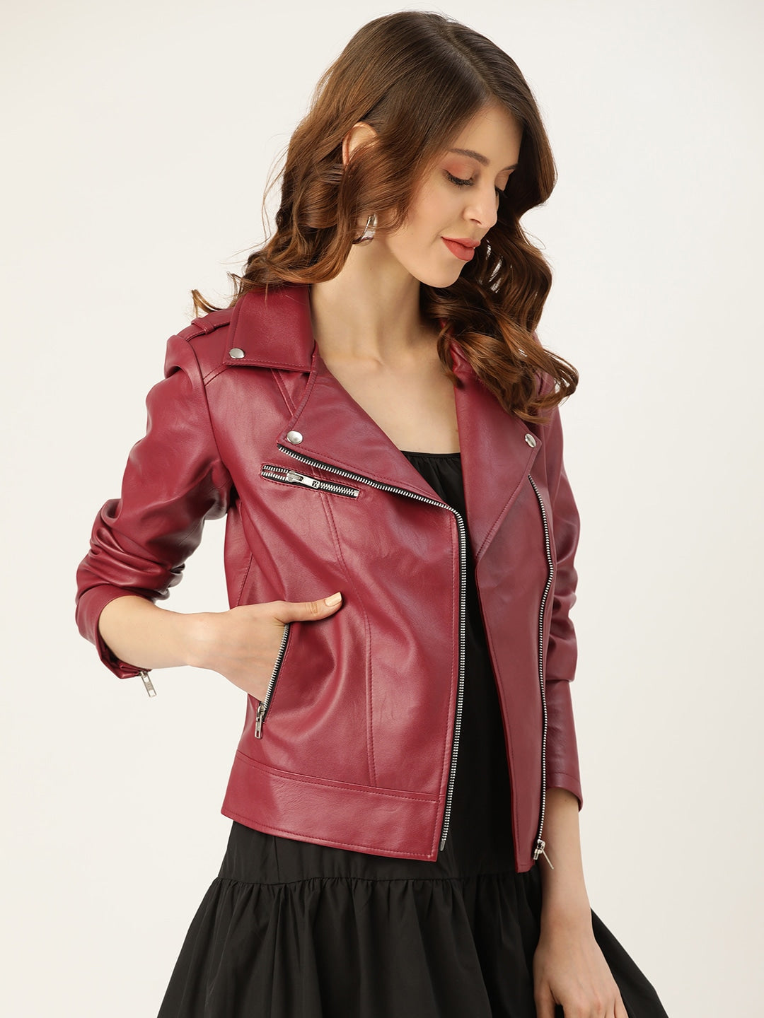 Women Maroon Solid Lightweight Leather Jacket | QAWACH