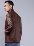 Men Burgundy Solid Leather Jacket | QAWACH