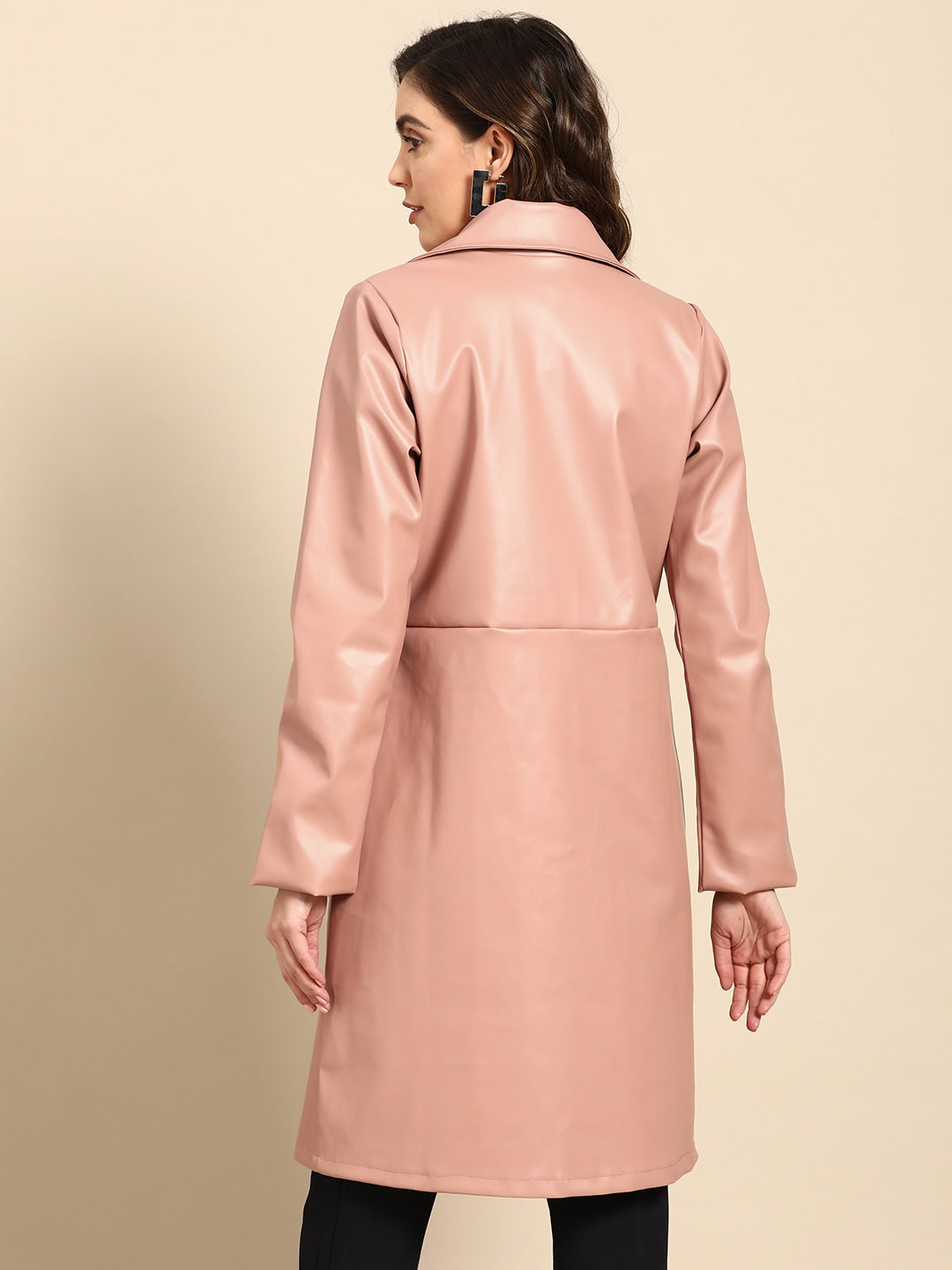 Pink Solid Women Leather Overcoat | QAWACH