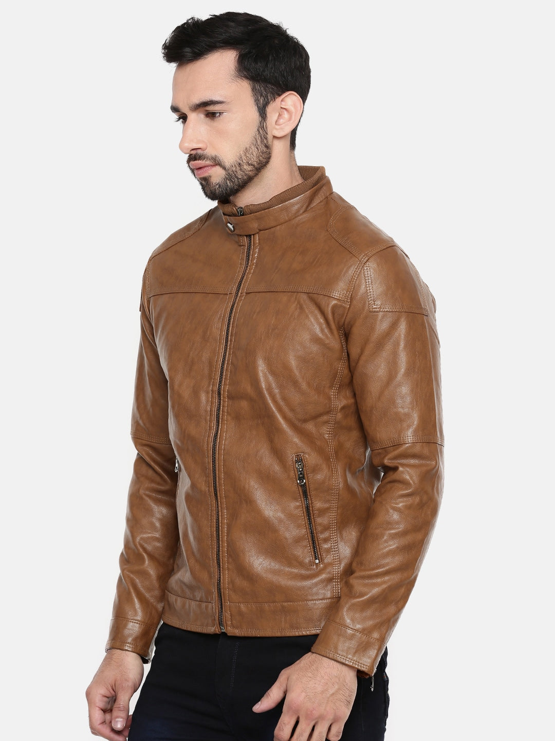 Shop Men Brown Solid Biker Jacket | QAWACH