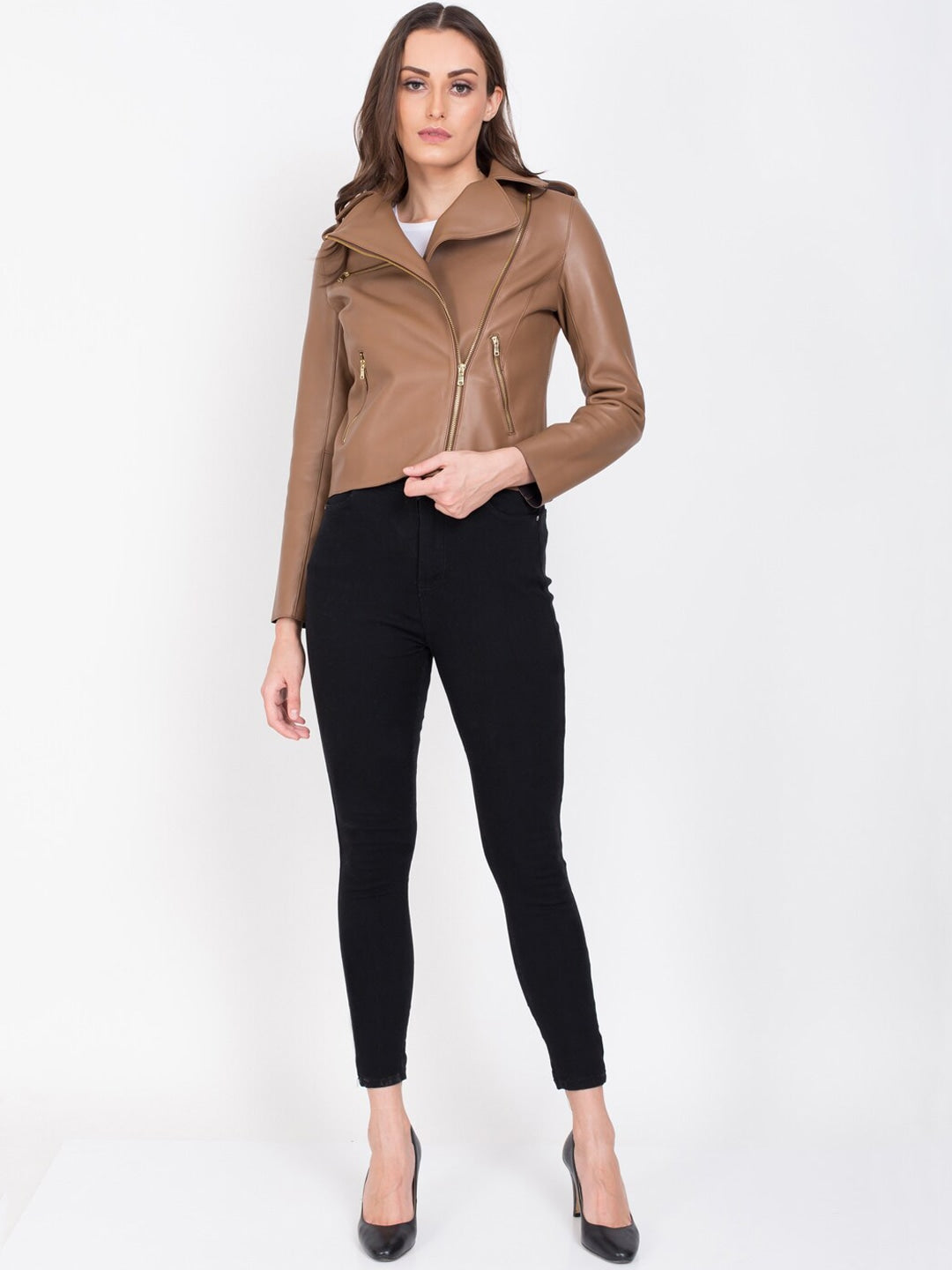 Women Tan Lightweight Crop Outdoor Leather Jacket | QAWACH