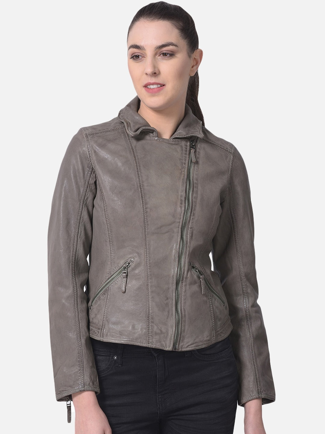 Women Genuine Leather Crop Bomber Jacket | QAWACH