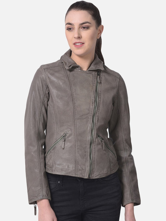 Women Genuine Leather Crop Bomber Jacket | QAWACH
