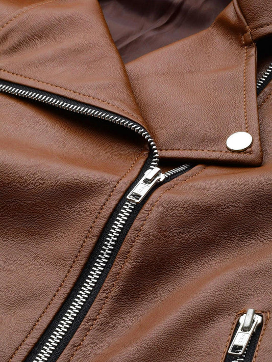 Women Brown Solid Lightweight Biker Jacket - Qawach Leather