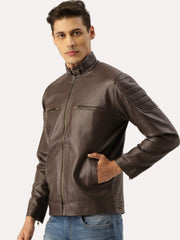 Men Coffee Brown Leather Biker Jacket | QAWACH