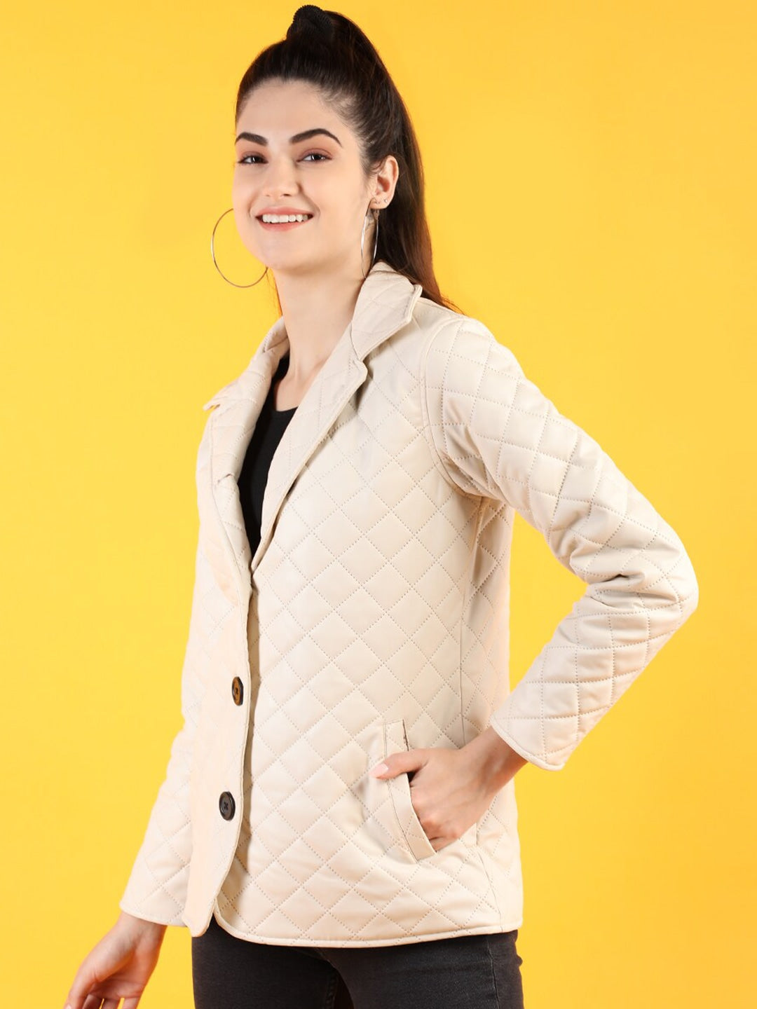Women Off White Leather Quilted Jacket | QAWACH